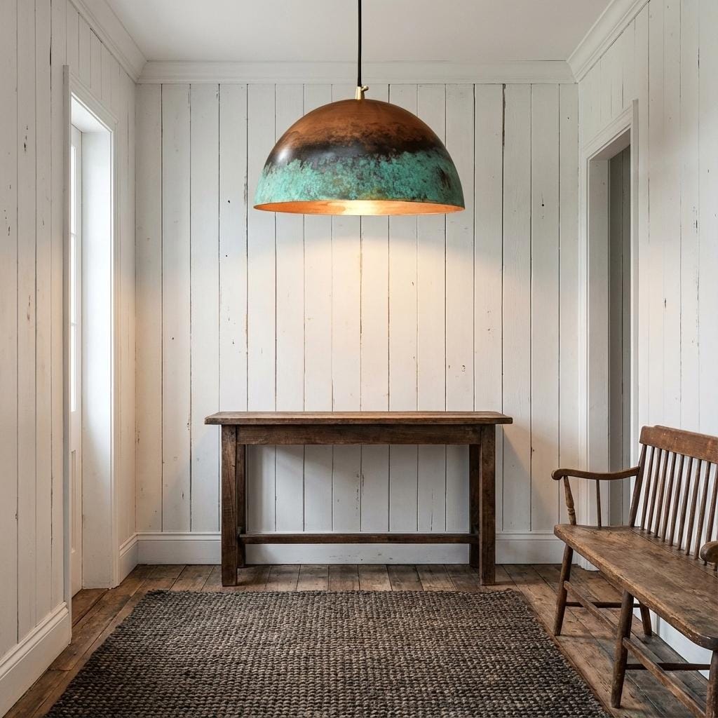 Handmade Copper Pendant Light with Green Patina – Rustic Dome Hanging Ceiling Lamp for Patio, Pergola & Dining Areas