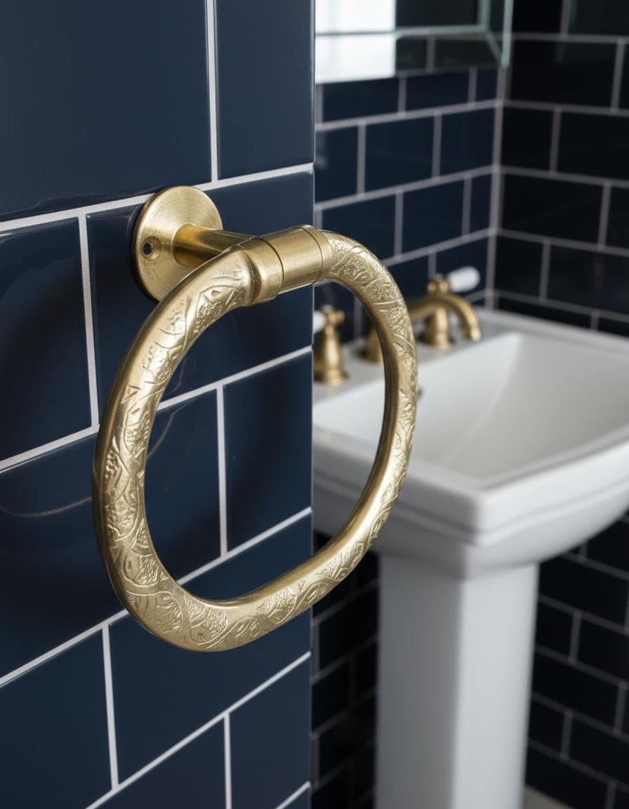 Gold towel ring on a blue tiled wall with a white sink and gold faucet.
