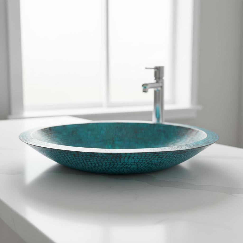 Handcrafted Oval Copper Vessel Basin with Turquoise Patina for Luxury Bathroom Vanity