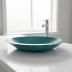 Handcrafted Oval Copper Vessel Basin with Turquoise Patina for Luxury Bathroom Vanity