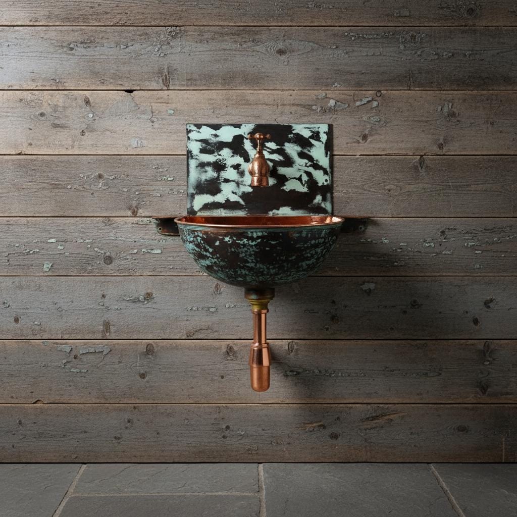 Handmade Turquoise Patina Copper Wall Mount Sink with Faucet for Luxury Artistic Bathroom Designs