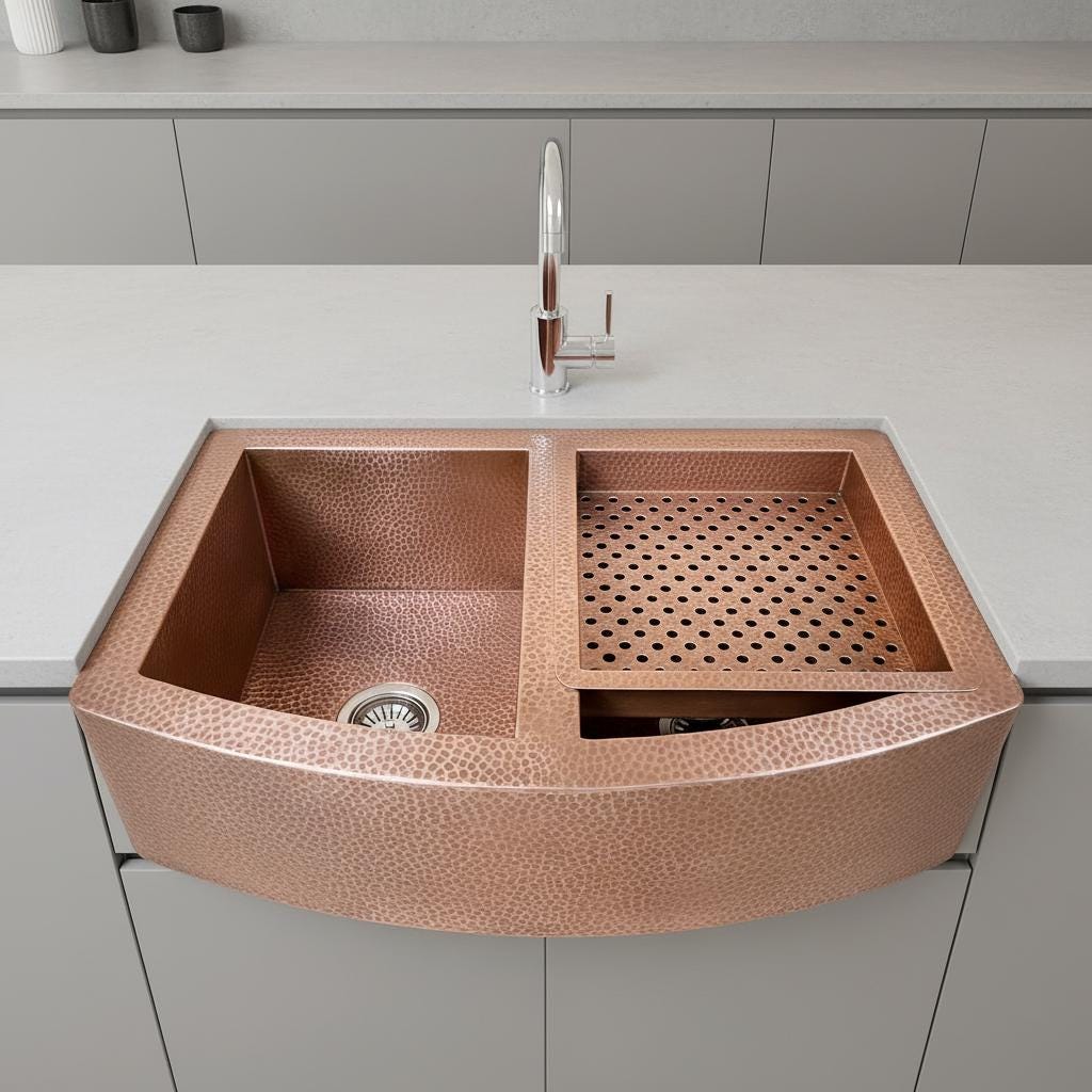 Handmade Hammered Copper Farmhouse Workstation Sink with Apron Front and Removable Prep Tray