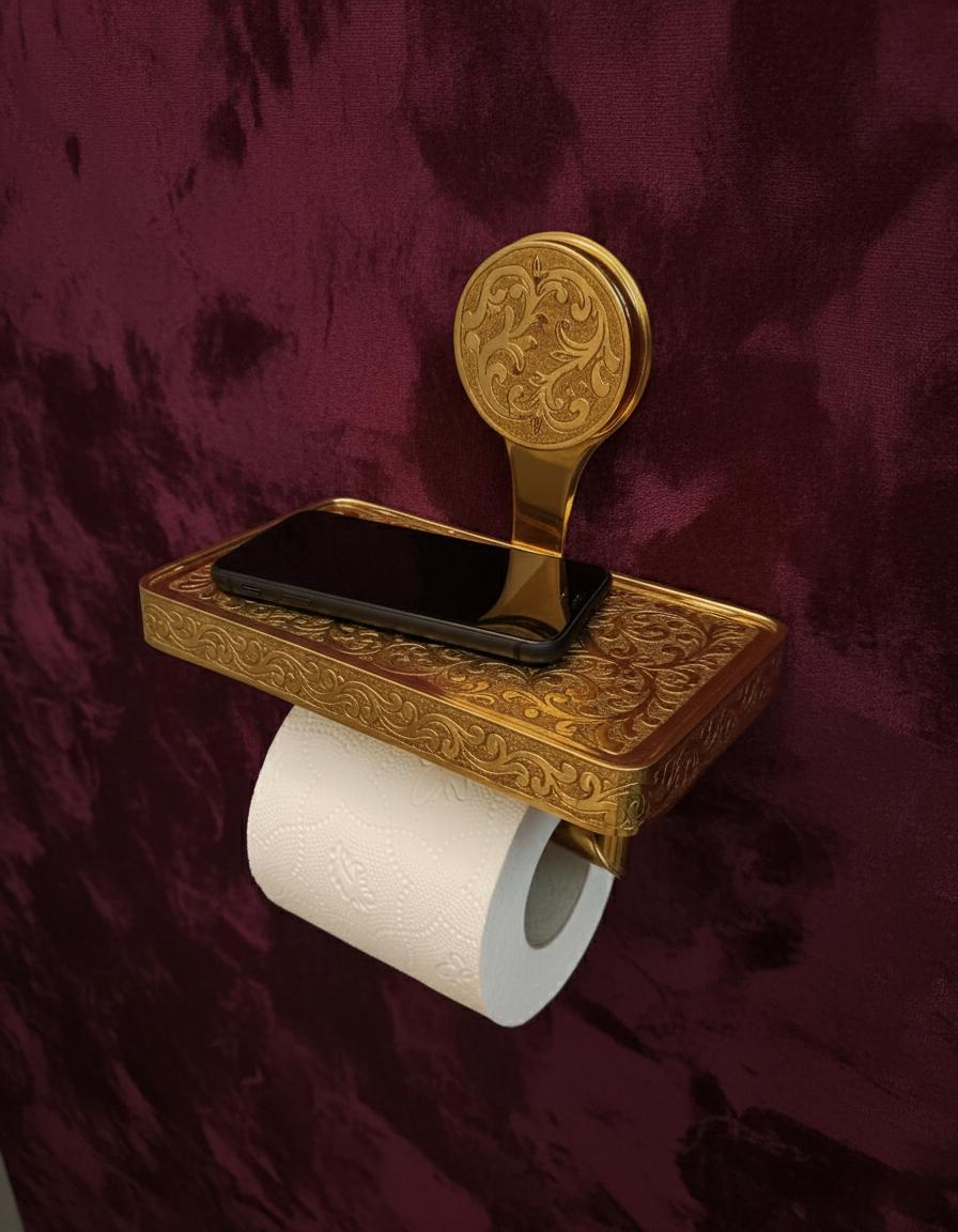 Engraved Solid Brass Toilet Paper Holder with Shelf – Unlacquered Luxury Bathroom Fixture