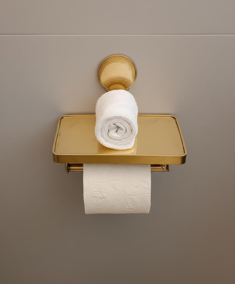 Gold toilet paper holder with a roll of toilet paper on a beige wall.