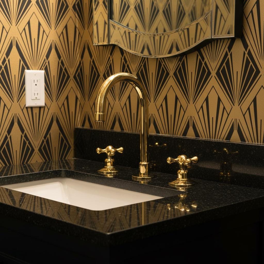 Bathroom sink with gold fixtures against a geometric patterned wall.