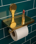 Unlacquered brass toilet paper holder with shelf wall mounted