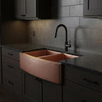 Handmade Solid Copper Double Bowl Farmhouse Sink with Hammered Apron Front for Modern Kitchens
