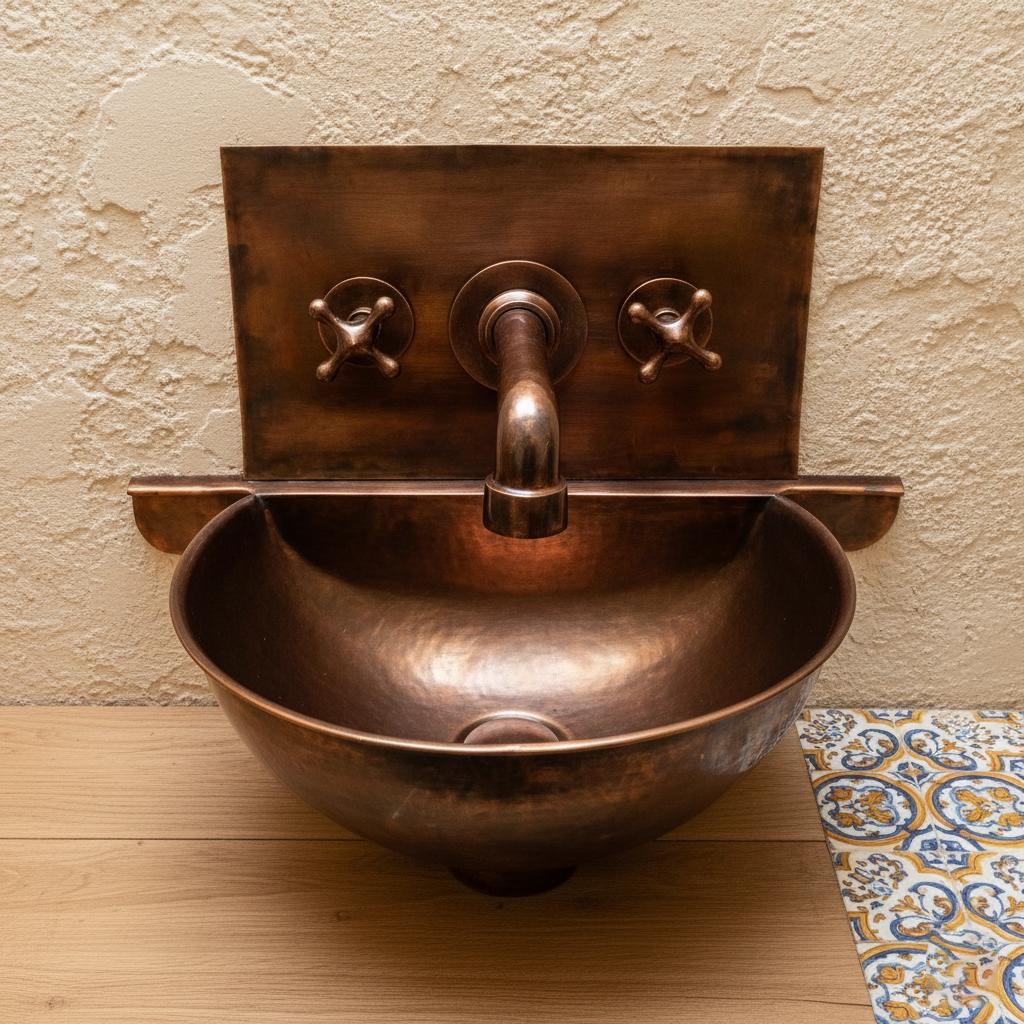 Handmade Aged Patina Copper Wall Mounted Bathroom Sink with Integrated Backsplash and Matching Mixer Faucet