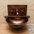 Handmade Aged Patina Copper Wall Mounted Bathroom Sink with Integrated Backsplash and Matching Mixer Faucet