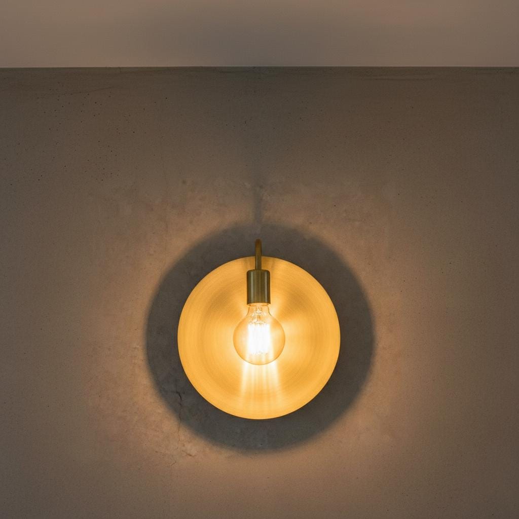 Unlacquered Brass Wall Light – Helios Inspired Round Backplate Sconce with Exposed Bulb