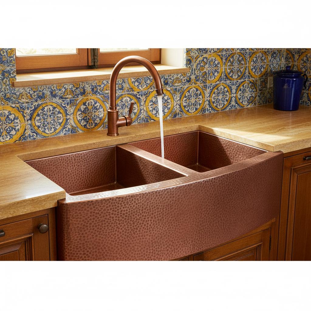 Handmade Solid Copper Double Bowl Farmhouse Sink with Hammered Apron Front for Modern Kitchens