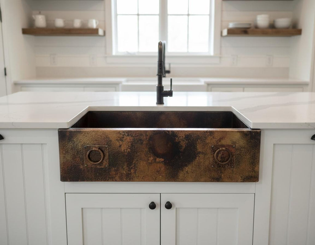 Handmade Fire Patina Farmhouse Apron Sink Solid Hammered Copper Single Bowl Kitchen Statement