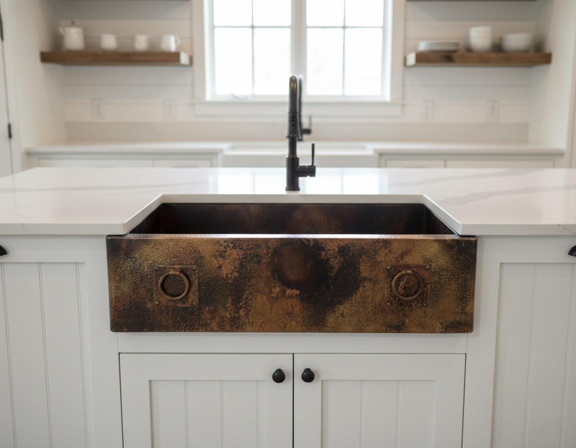 Handmade Fire Patina Farmhouse Apron Sink Solid Hammered Copper Single Bowl Kitchen Statement