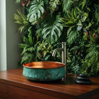 Handmade Turquoise Patina Copper Vessel Sink with Polished Interior for Luxury Bathroom Designs