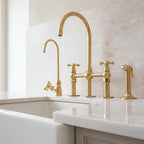 Unlacquered Brass Bridge Kitchen Faucet – Solid Brass Farmhouse Tap with Sprayer