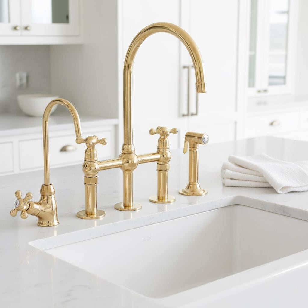 Unlacquered Brass Bridge Kitchen Faucet – Solid Brass Farmhouse Tap with Sprayer