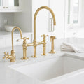 Unlacquered Brass Bridge Kitchen Faucet – Solid Brass Farmhouse Tap with Sprayer