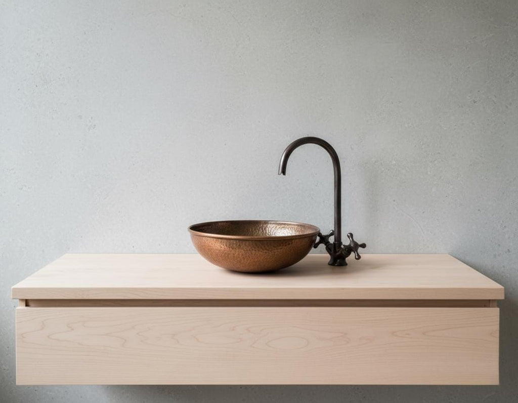 Handmade Hammered Copper Vessel Sink with Aged Bronze Faucet for Rustic Luxury Bathroom Designs