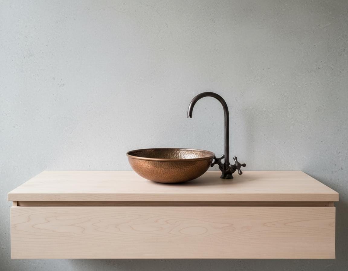Handmade Hammered Copper Vessel Sink with Aged Bronze Faucet for Rustic Luxury Bathroom Designs
