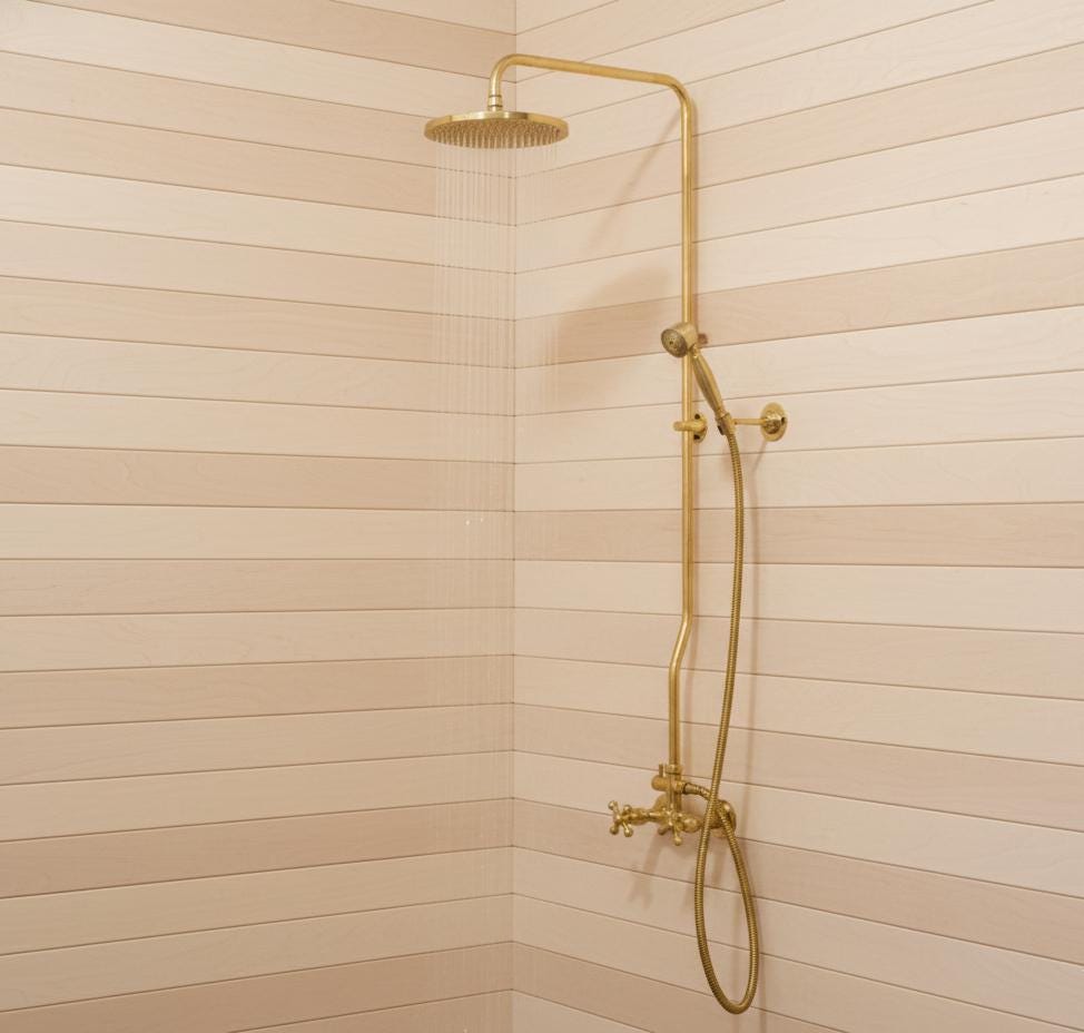 Unlacquered Brass Rainfall Shower with Handheld Sprayer & Cross Handles, Exposed Shower System