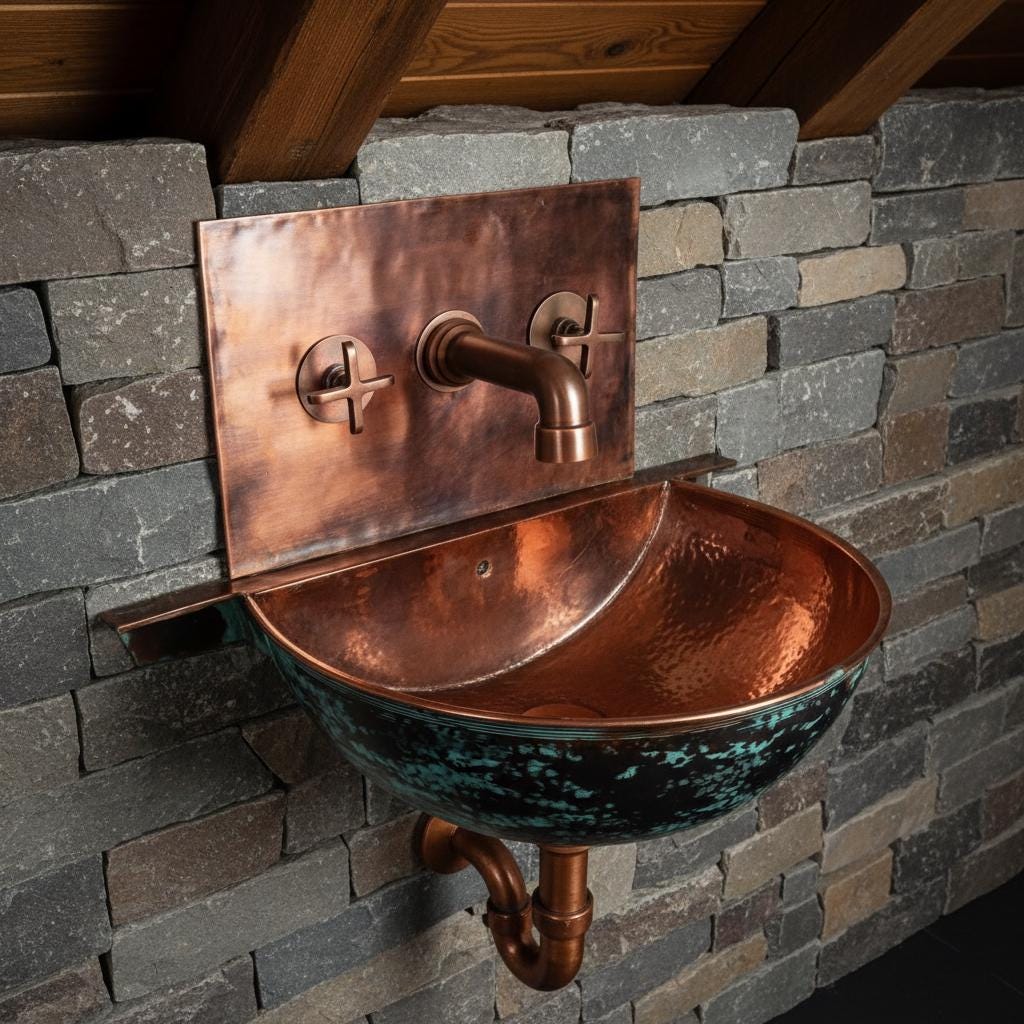 Handmade Turquoise Patina Copper Wall Mount Sink with Hammered Interior for Rustic Luxury Bathrooms