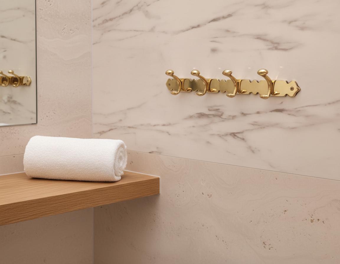 White towel on a wooden shelf with gold hooks against a marble wall.