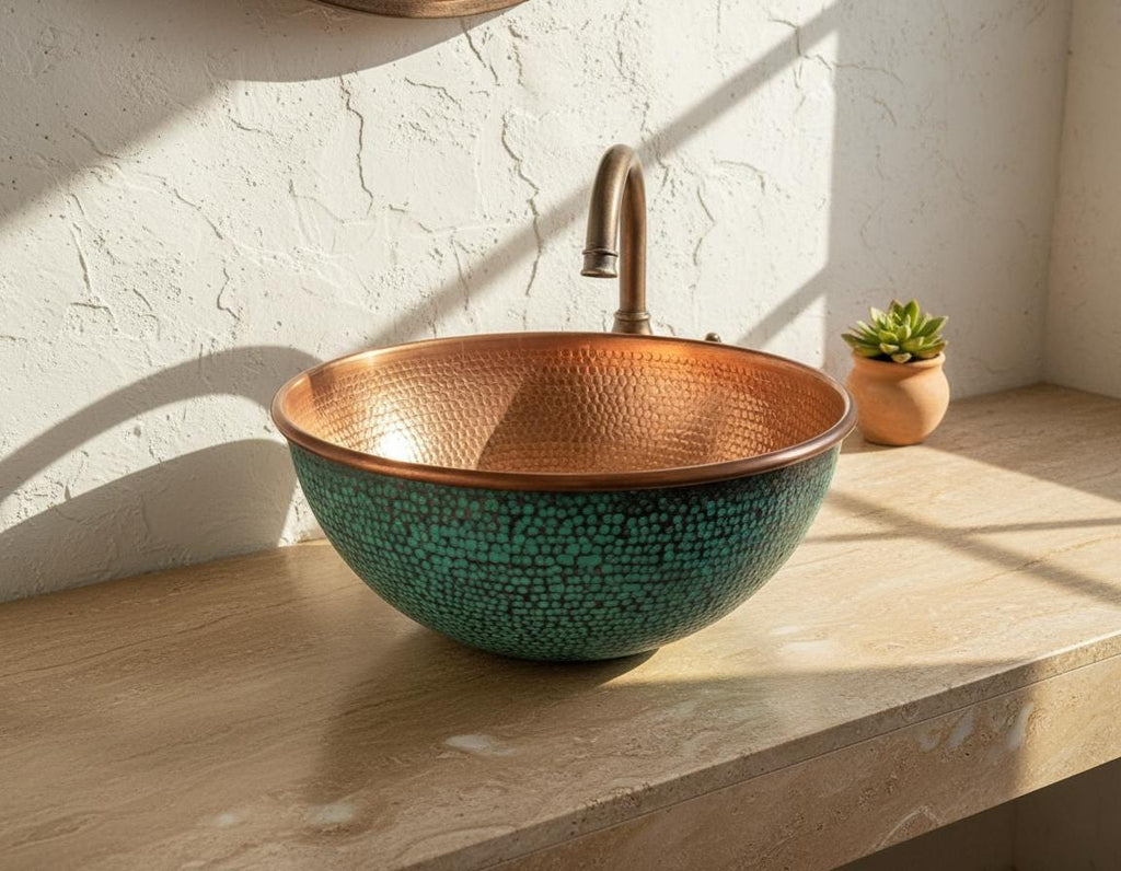 Handmade Turquoise Patina Copper Vessel Sink with Hammered Interior for Modern Bathroom Vanity Decor