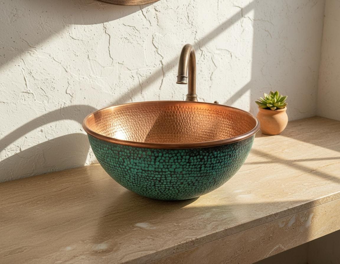 Handmade Turquoise Patina Copper Vessel Sink with Hammered Interior for Modern Bathroom Vanity Decor