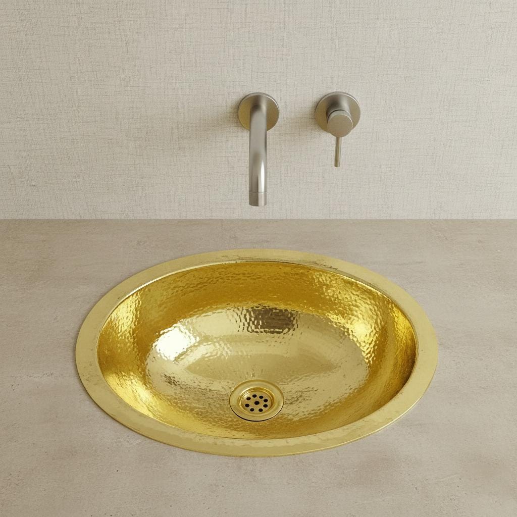 Handmade Oval Brass Bathroom Basin – Hammered Brass Vanity Wash Bowl, Countertop Brass Sink for Bathroom or Powder Room