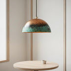 Handmade Copper Pendant Light with Green Patina – Rustic Dome Hanging Ceiling Lamp for Patio, Pergola & Dining Areas