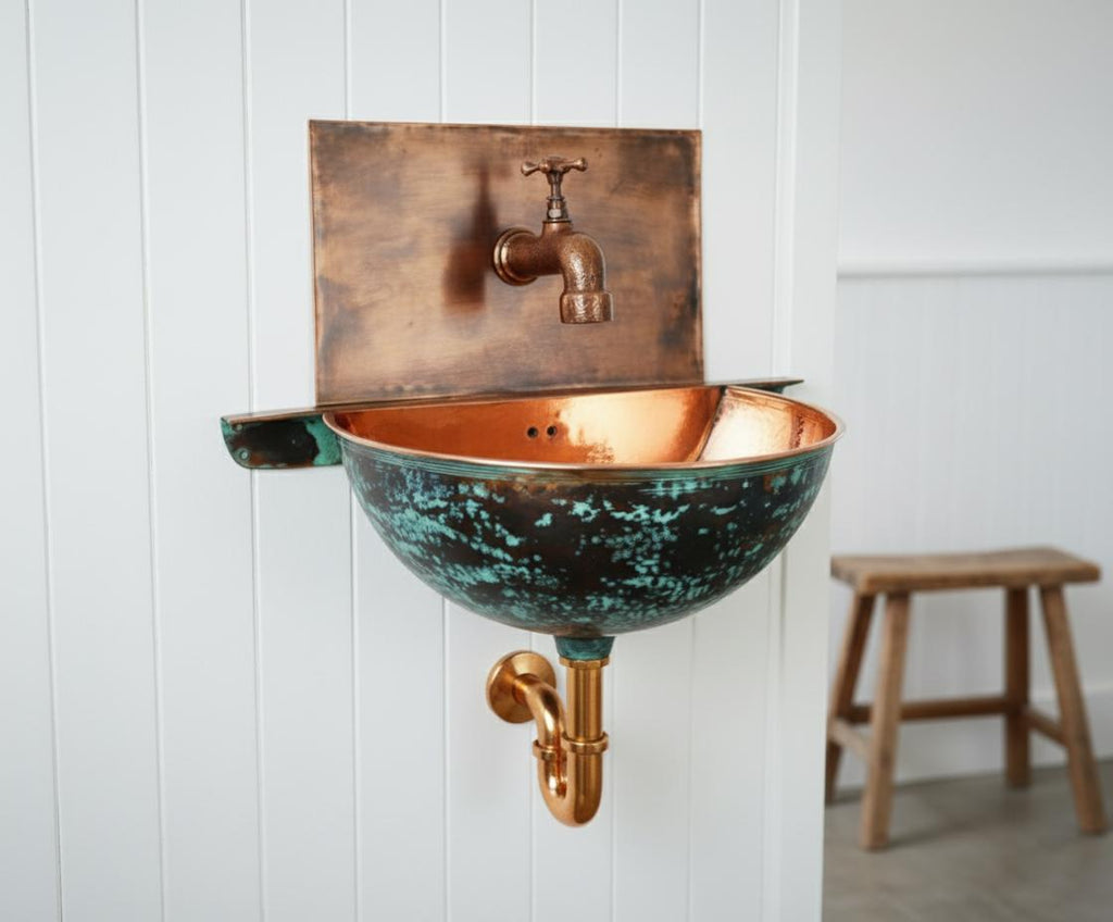 Handcrafted Turquoise Patina Copper Wall Mount Sink with Hammered Interior for Unique Luxury Bathrooms