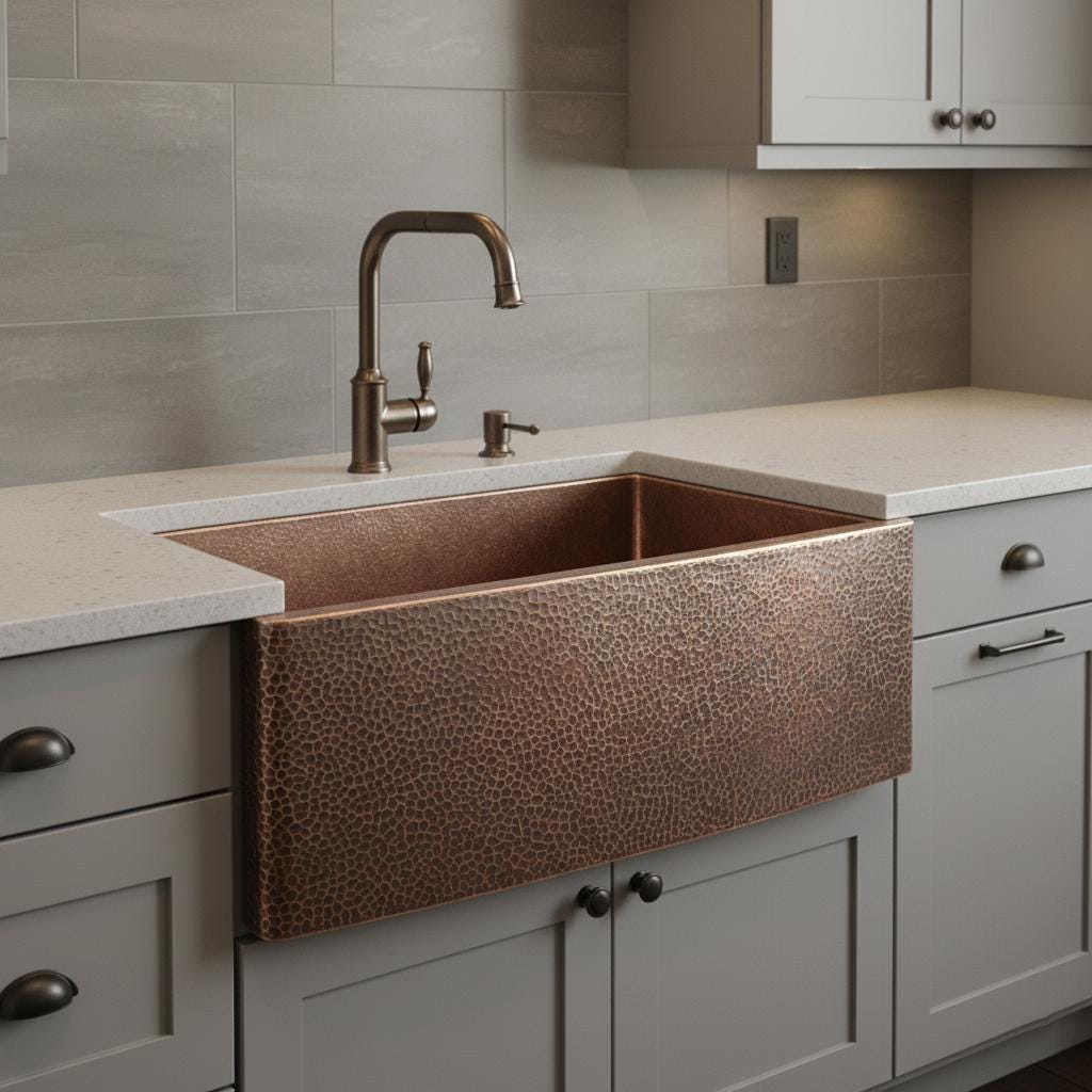 Handmade Hammered Apron Front Farmhouse Sink Solid Copper Single Bowl with Oil Patina