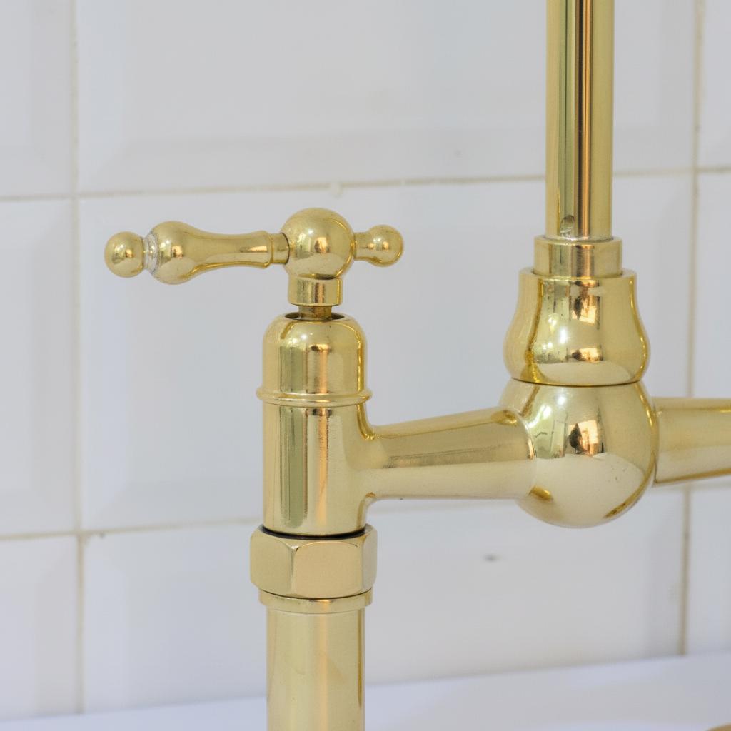 Polished Solid Brass Bridge Faucet, Handmade Kitchen Mixer Tap with Gooseneck Spout for Farmhouse Sinks