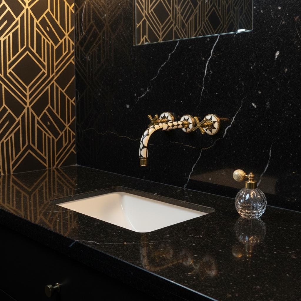 Wall-Mount Faucet – Unlacquered Brass & Resin Handle Bathroom Tap, Handmade Art Deco Basin Mixer