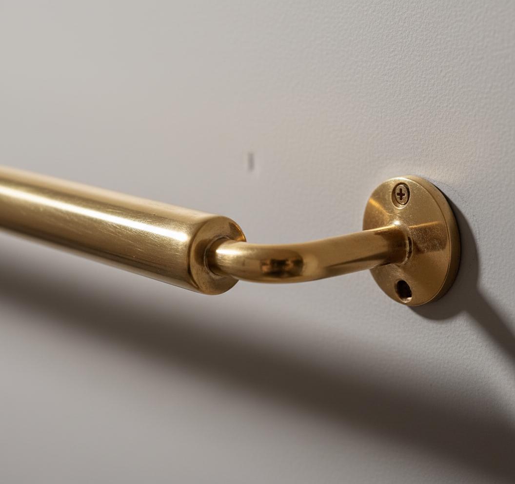 Gold towel bar mounted on a gray wall