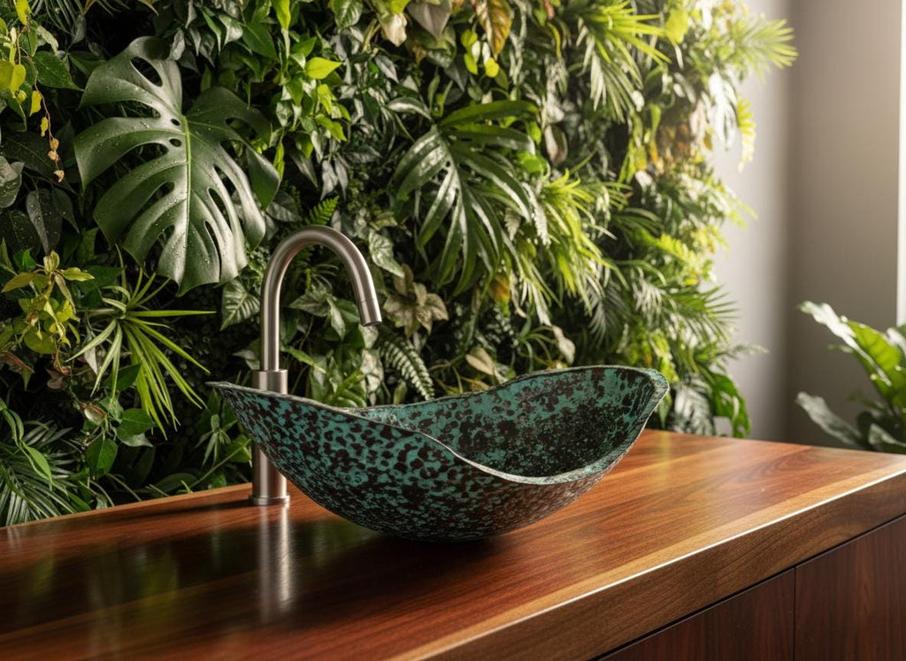 Glass sink with metallic faucet on a wooden surface in front of a lush green plant wall.