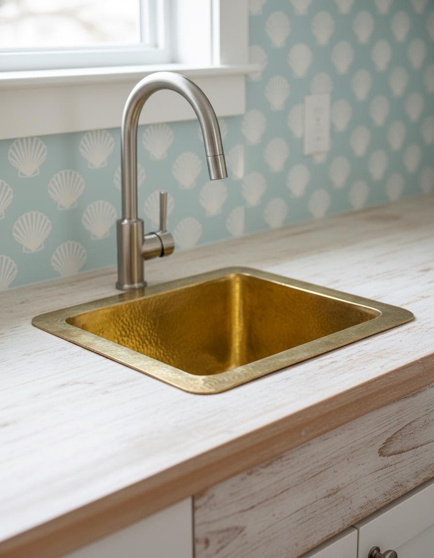 Handmade Solid Brass Bar Sink Square Hammered Undermount Prep Sink Unlacquered Brass Kitchen Sink