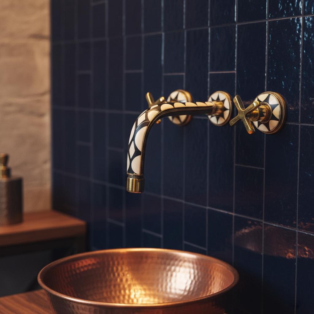 Wall-Mount Faucet – Unlacquered Brass & Resin Handle Bathroom Tap, Handmade Art Deco Basin Mixer