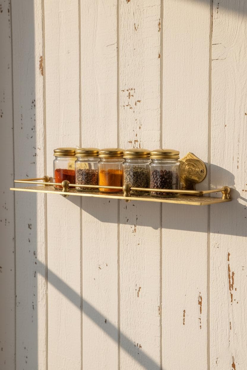 Engraved Unlacquered Brass Wall Shelf: Solid Handmade Bathroom or Hallway Decor