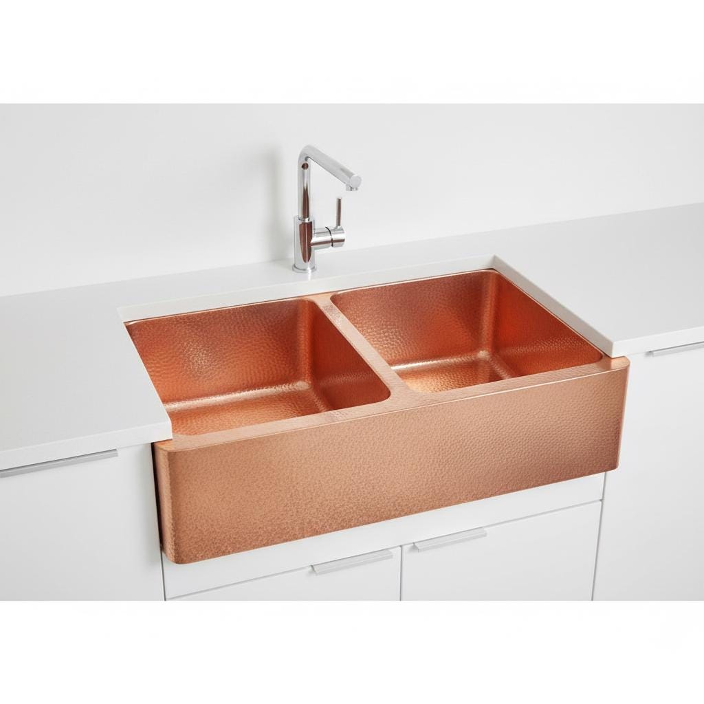 Handmade Hammered Double Bowl Farmhouse Sink Solid Copper Apron Front Kitchen Basin Design