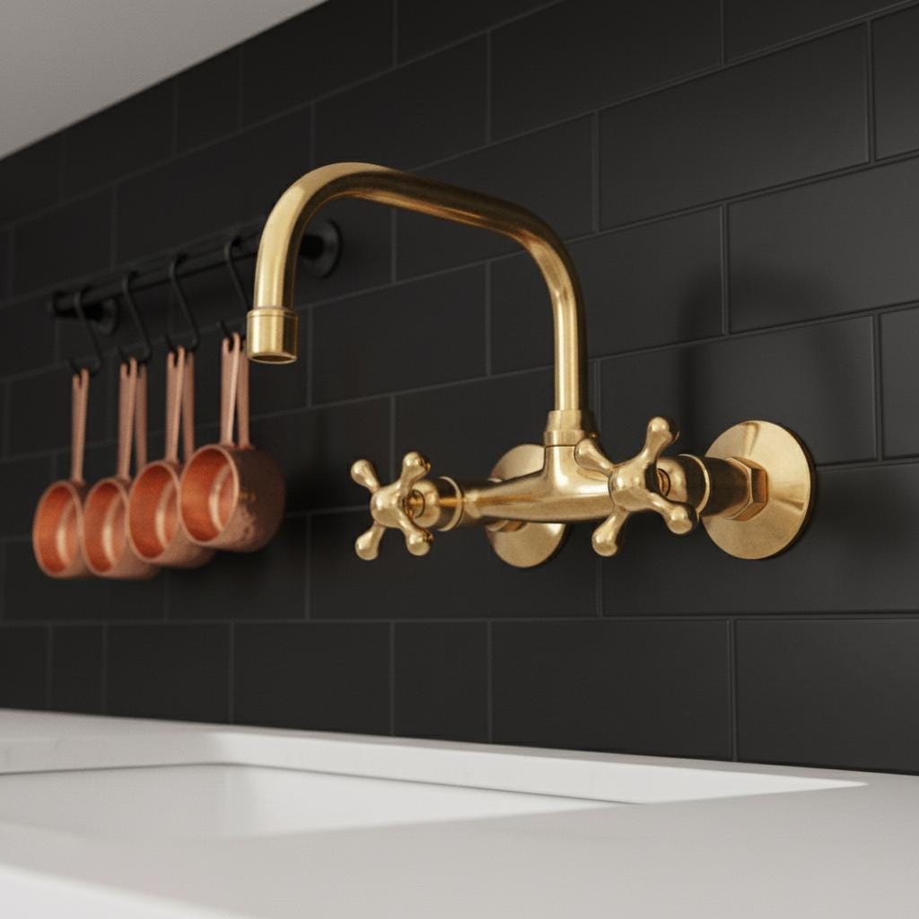 Unlacquered Brass Wall Mount Faucet – Handmade Solid Brass Bar or Bathroom Sink Tap with Cross Handles