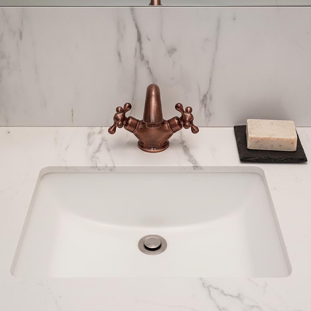 Bathroom sink with copper faucet and marble wall