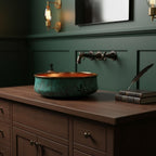 Handmade Turquoise Patina Copper Vessel Sink with Polished Interior for Luxury Bathroom Designs