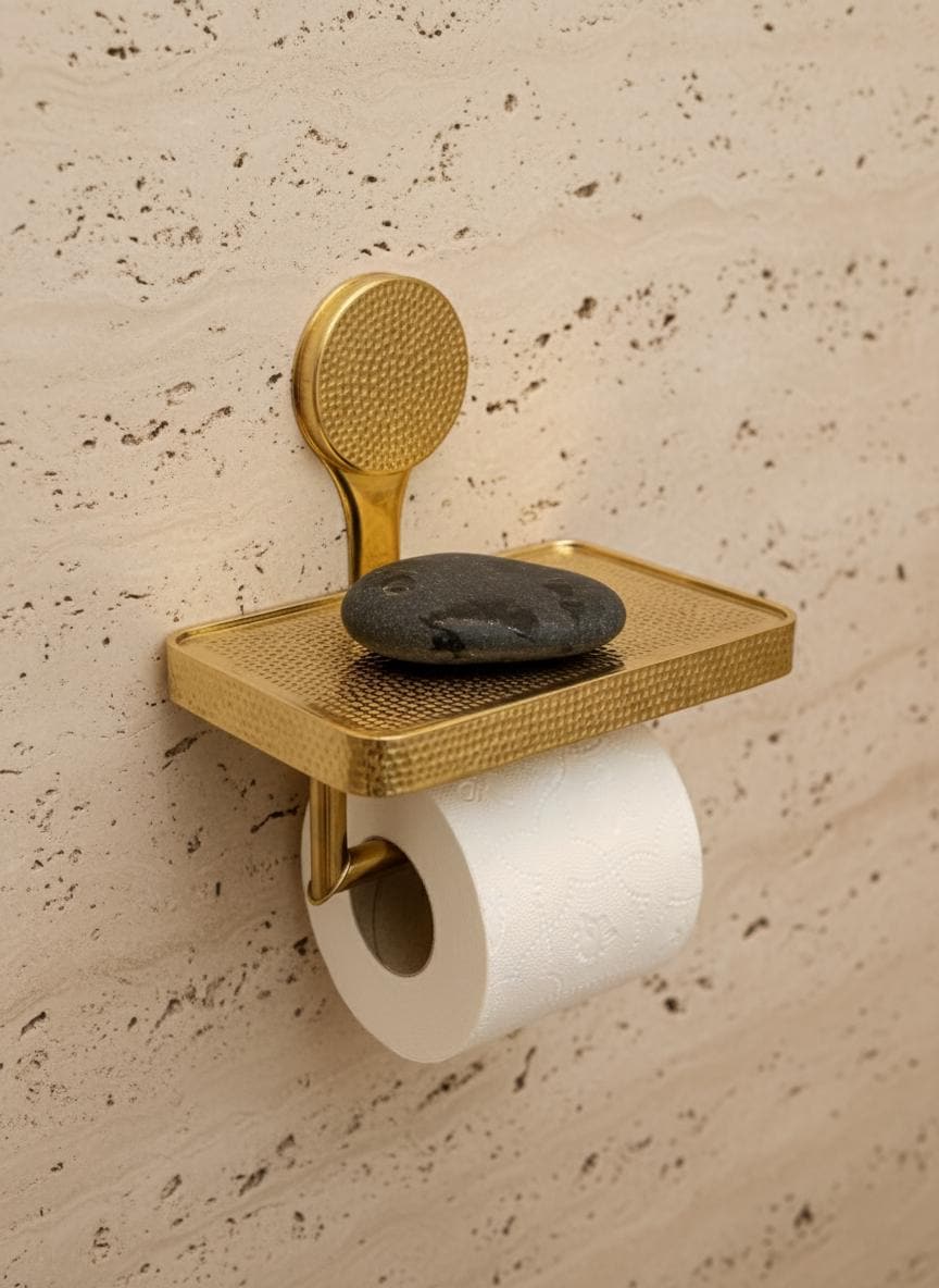 Hammered Brass Toilet Paper Holder with Shelf – Unlacquered Solid Brass Bathroom Fixture