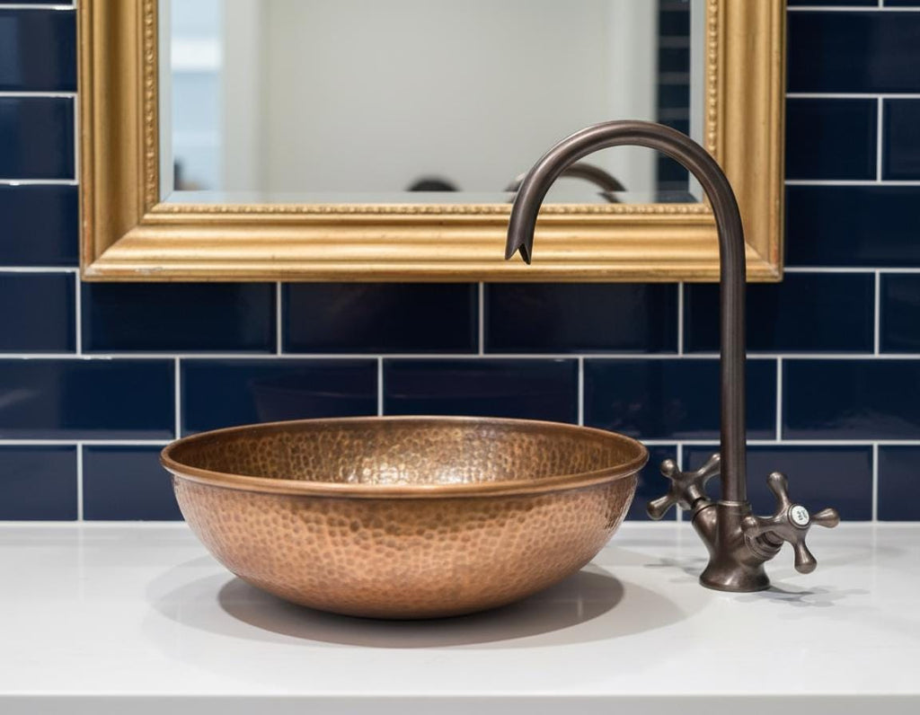 Handmade Hammered Copper Vessel Sink with Aged Bronze Faucet for Rustic Luxury Bathroom Designs