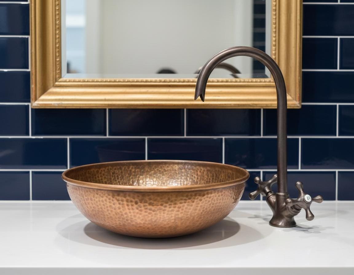 Handmade Hammered Copper Vessel Sink with Aged Bronze Faucet for Rustic Luxury Bathroom Designs