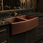 Handmade Hammered Copper Farmhouse Apron Front Double Bowl Sink for Modern Luxury Kitchen Designs
