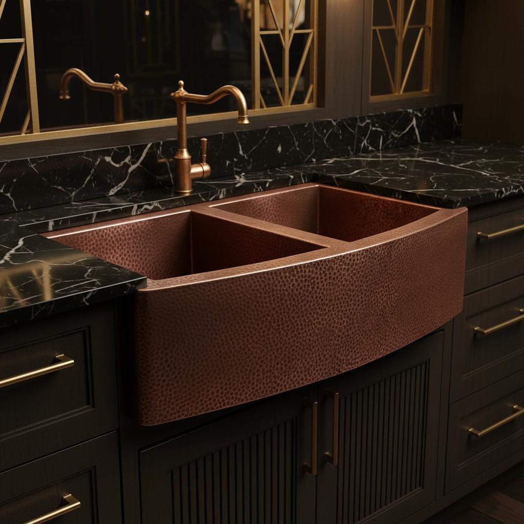 Handmade Hammered Copper Farmhouse Apron Front Double Bowl Sink for Modern Luxury Kitchen Designs