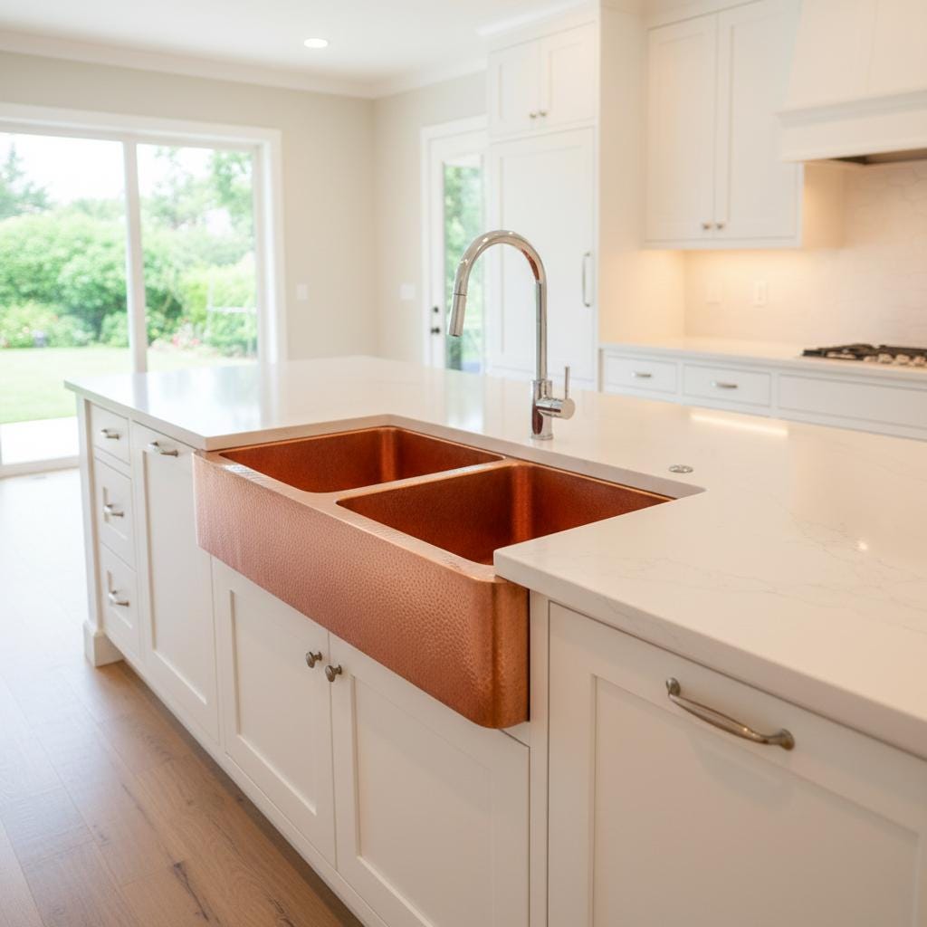 Handmade Hammered Double Bowl Farmhouse Sink Solid Copper Apron Front Kitchen Basin Design