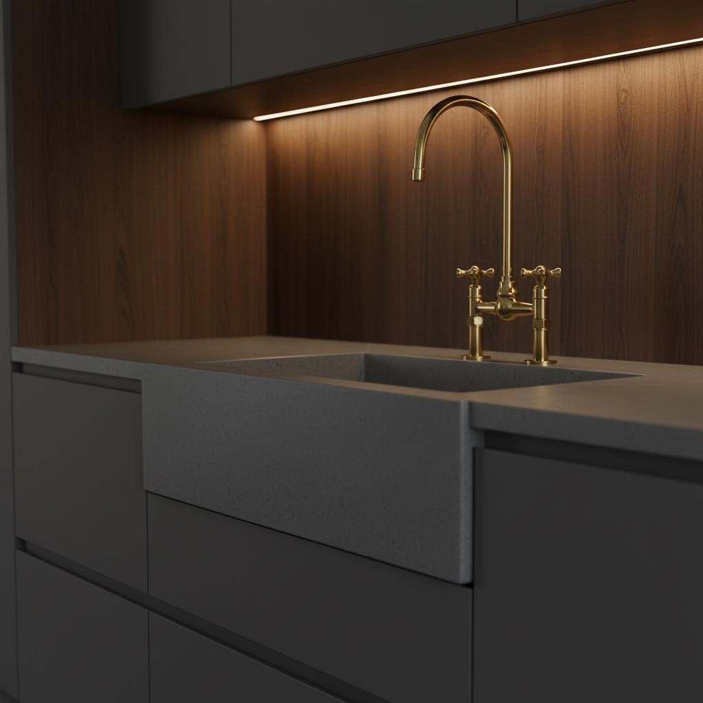 Modern kitchen sink with gold faucet against a wooden wall.